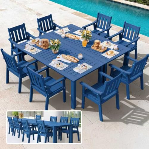 Image of YEFU HIPS Patio Table Set: 10 Piece Outdoor Table and Chairs Dining Furniture Set with Umbrella Hole - Blue Modern Plastic Dining Sets 8 Person for Outside Deck with Metal Aluminum Frame