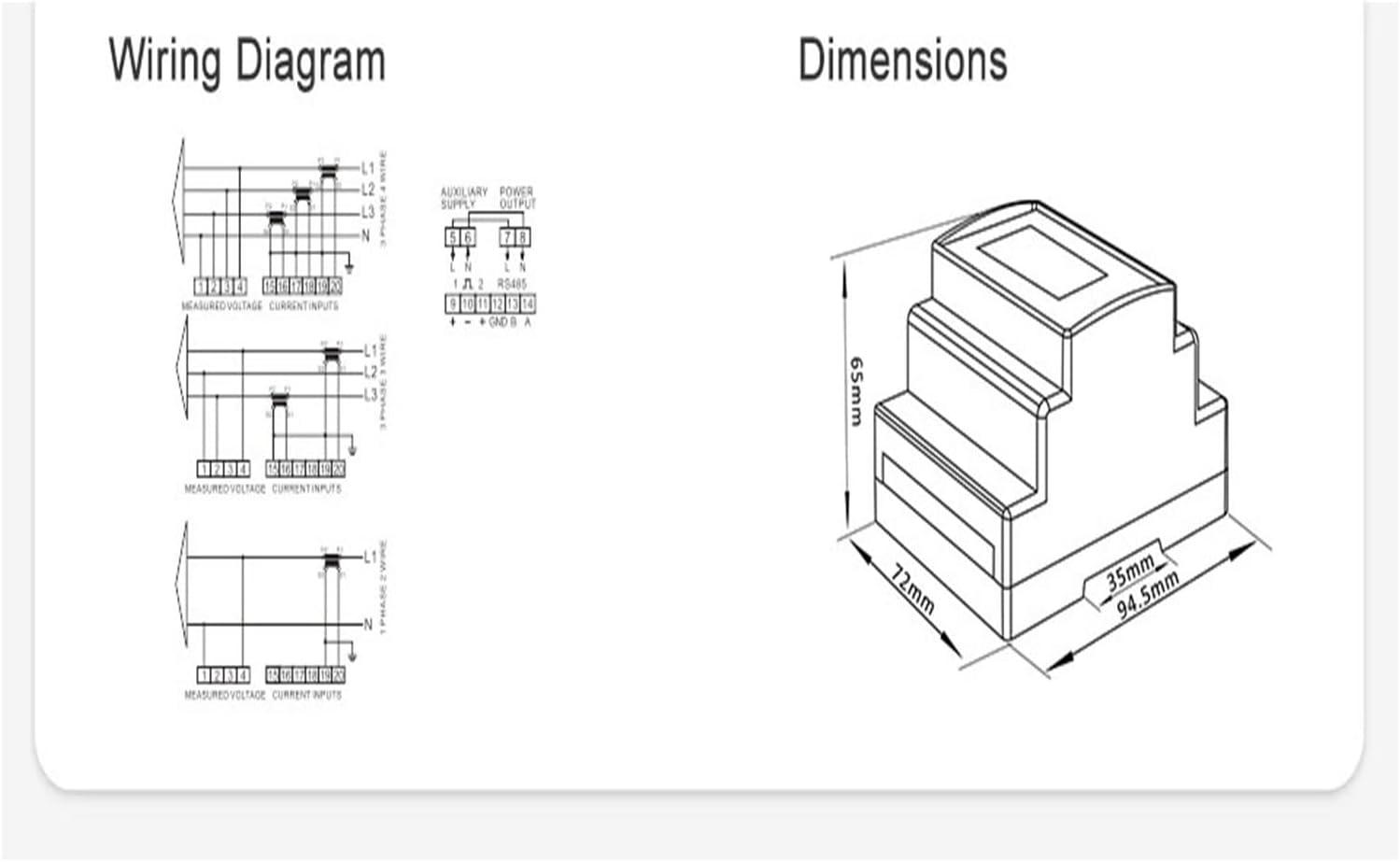 Wiring Diagram and Dimensions for TGPKPGTCTA SDM630MCT ETL Power Meter