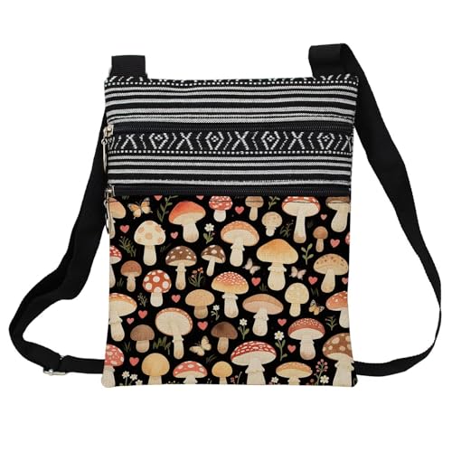 Floral Mushroom Messenger Bag Small Ethnic Pattern Adjustable Strap Crossbody Zipper Pouch Floral Mushroom Phone Organizer Wallet Cute Shoulder Handbag for Women Friends