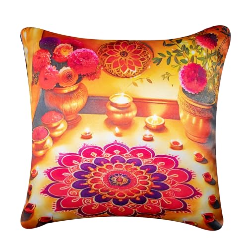 Image of Decorative Satin Sofa Cushion Pillow Covers for Sofa & Living Room Set of 5, 24 inch x 24 inch 5 piece, Ethnic, Diwali Peacock, Mandala Design, Zipper Closure (Utsav Glow, 24X24 Inches)