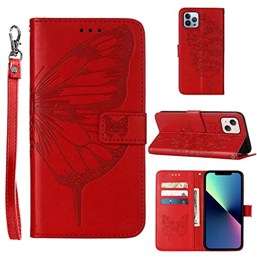 Moment Dextrad Compatible For Iphone 13 Wallet Case,For Iphone 14 Wallet Case 2022,[Kickstand][Wrist Strap][Card Holder Slots] Butterfly Floral Embossed Pu Leather Flip Cover (Red) #TOP24