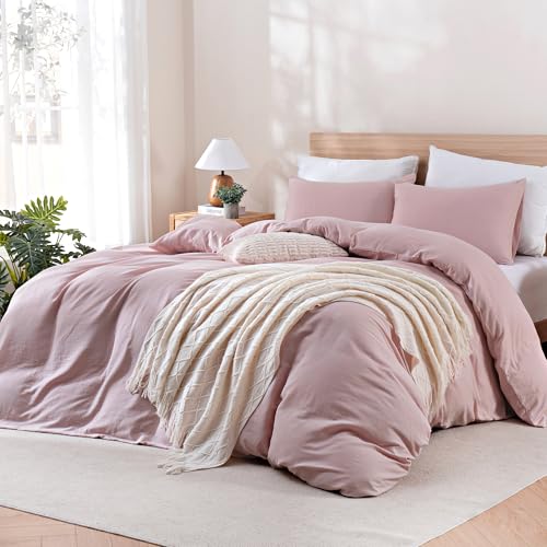Image of TOCOMOA Muslin Duvet Cover 100% Cotton Like Linen Texture Breathable Soft Comfy 3-Piece Pink Comforter Cover Bedding Set (King 104 inchx90 inch, Comforter Not Included)