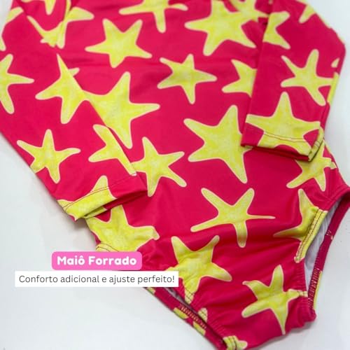 Roupa De Banho Praia Natação Maiô Forrado Infantil Menina (BR, Numérico, 6, Padrão, Estrelas Neon)
