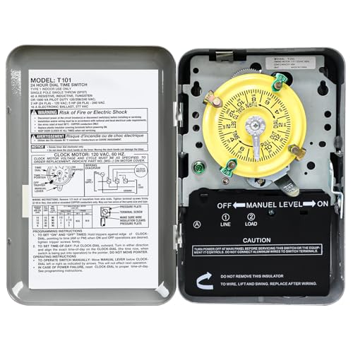 T101 Mechanical Timer Switch 120V AC SPST 40A 60Hz Pool Pump Switch Heavy Duty Pool Timers Outdoor Timer for Lights HVAC Systems 24 Hour 12 ON/Off for Pump 3 Years Warranty