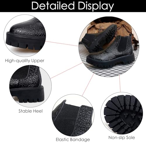 Men's Print Leather Platform Low Chunky Heel Chelsea Boots Fashion Classic Slip On Elastic Bandage Lug Sole Block Heel Chukka Booties for Casual Business Dress Boots3