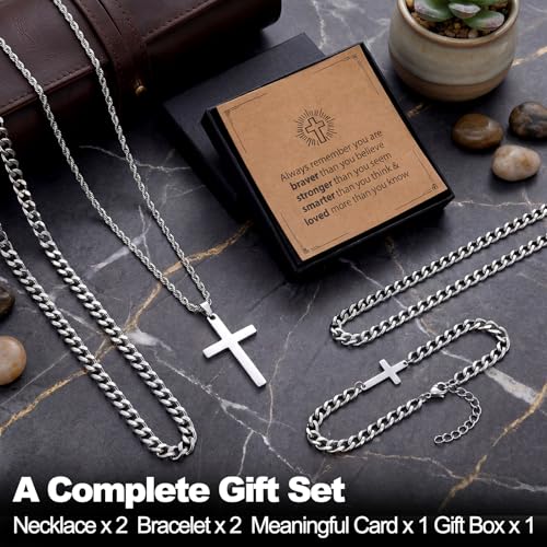 Kingdder 4 Pcs Cross Necklace and Bracelet Set for Men Sturdy Stainless Steel Cuban Chains with Message Card Gift Box Layered Christian Jewelry Gift for Boyfriend Dad Son Baptism - Image 3