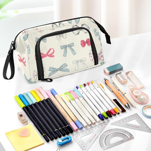 Image of Fisyme Pink Blue Vintage Bow Pencil Case Large Capacity Pencil Pouch Pen Bags Box Big Makeup Pencil Case Organizer