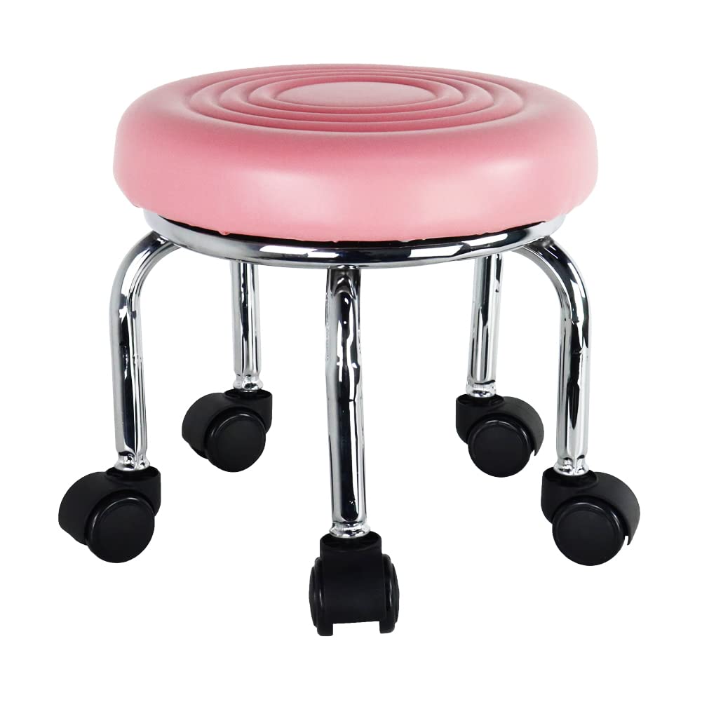 WKWKER Modern Small Rolling Stool PU Leather Roller Seat 360° Swivel Low Round Stools with Universal Caster Wheels for Home Massage Garden Office Garage Shop Fitness Sport,H：30.5cm （Pink）