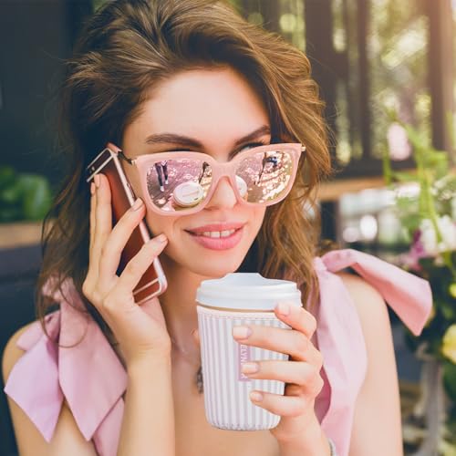 Image of Reusable Insulated Sleeve for Iced Coffee Cup, Coffee Neoprene Sleeve for Cold & Hot Drinks, Beverage Holder for Iced Coffee (Pink Stripes, Small: 16-18oz)