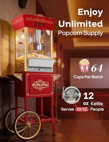 Image of 12oz Popcorn Machine with Cart, Movie Theater Style Popcorn Maker