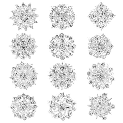 12 Pièces Kit de Broches en Strass Argentées Petites Broches en Argent avec Fleur en Cristal pour Réduire l'encolure Décoration de Costume de Noël pour Mariée, Demoiselle d'honneur, Robe de Corsage de