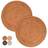 Decvel 2-Pack Rattan Placemats - 13-inch Round Placemats (Honey Brown) - Woven Place Mats, Round Table Mats - Wicker Chargers for Dinner Plates, Plate Chargers Boho - Rattan Decor, Kitchen Table Decor