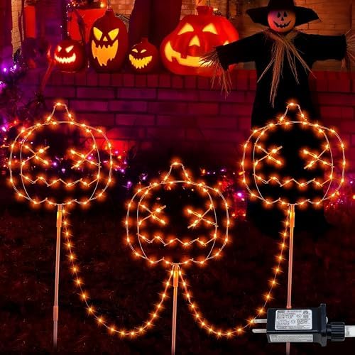Halloween Walkway Lights,3PACK Hopolon Pumpkin Lights Halloween Decorations Outdoor Light Orange Plug-in Pumpkin Stake Light Pathway with IP44 Waterproof, 8Modes for Holiday Home Garden Yard Decor