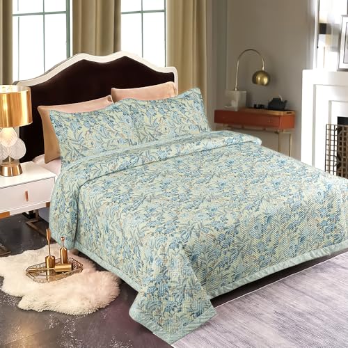 Image of Amazon Brand - Umi 100% Cotton Quilted /Ultrasonic 280 Tc Printed King Size Bed Cover /Bedsheet /Bedspread Comforter with 2 Pillow Shams /Cover, (Luxurious, 90 x100 inches, Blue & Beige)