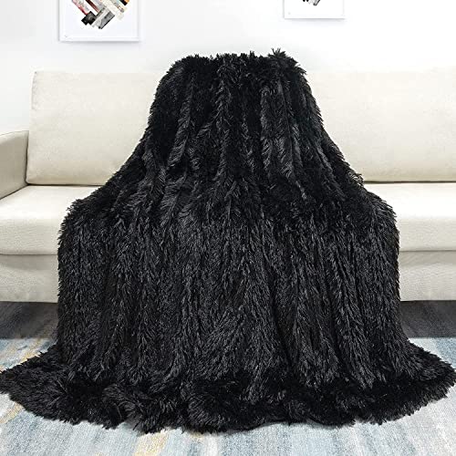 Image of Decorative Extra Soft Faux Fur Throw Blanket 50 inch x 60 inch,Reversible Fuzzy Lightweight Long Hair Shaggy Throw Blankets, Fluffy Cozy Plush Fleece Comfy Microfiber Fur Blanket for Couch Sofa Bed, Black