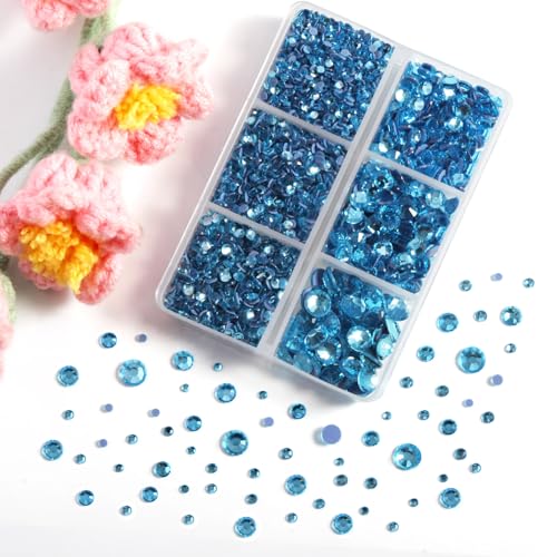 Image of BEADSLAND Hotfix Rhinestones, 4000 PCS Blue Rhinestones for Clothes Crafts Mixed 6 Sizes with Wax Pencil and Tweezers Kit, SS6-SS30, Aquamarine