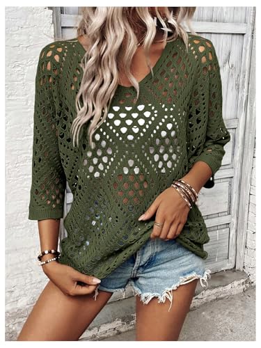 Image of Verdusa Women's Crochet Beach Summer Sweater 3 /4 Length Sleeve Boho Off The Shoulder Tops