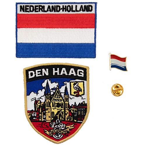A-ONE 3 Stück – Aufnäher mit dem Haag-Schild + Niederland-Flagge + Abzeichen der niederländischen Flagge, Den Haag Aufnäher & Länder-Anstecknadeln. No.116B