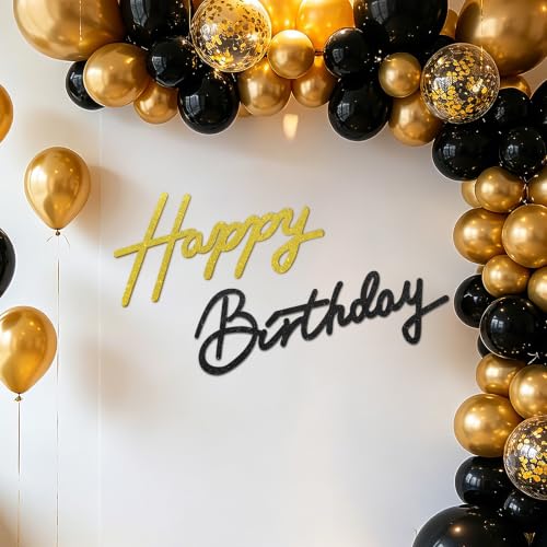 Image of TONIFUL Happy Birthday Sign for Backdrop - Glitter Black Gold Felt Banner - Includes Dot Glue - Perfect for Birthday Party Backdrop,Wall Decr,Balloon Arch,Photo Background