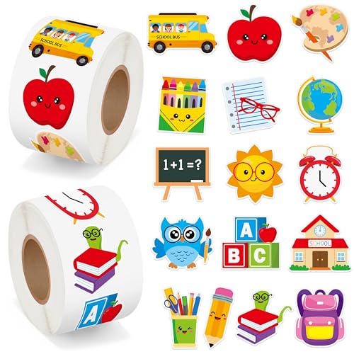 BeYumi Back to School Sticker - 1000Pcs Back to School Cute Cartoon Stickers in 2 Rolls Waterproof Vinyl First Day of School Decals for Preschool Kindergarten Gift Bottle Luggage Bag Envelope Decor