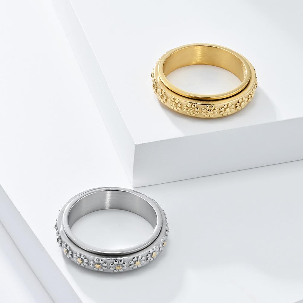 Women's Anxiety Ring 6MM Stainless Steel Spinner Ring Daisy Sunflower Pattern Wedding Band Fidget Tool