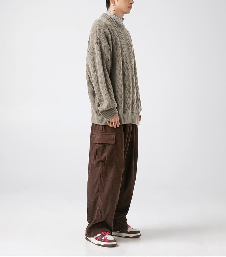 POHADON Mens Vintage Cable Knit Sweater Vintage Chunky Crewneck Long Sleeve Oversized Pullover 2026 Fall Winter Sweatshirts - Image 3