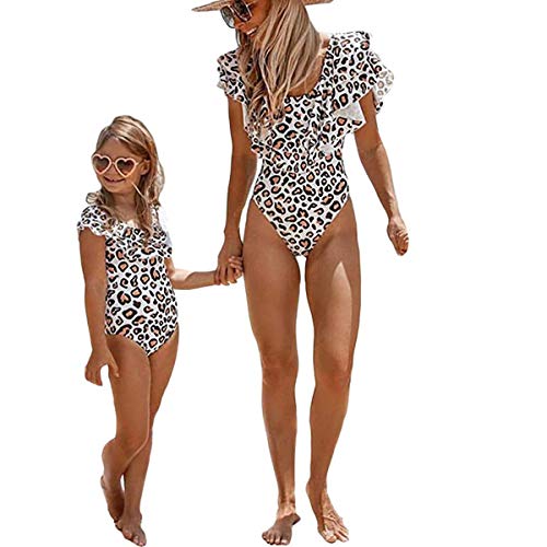 Mommy and Me Swimsuit One Piece Leopard Ruffle Bathing Suit Family Matching Swimwear Monokini (Leopard, M)