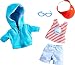 HABA On The Beach 5 Piece Outfit with Hooded Sweatshirt, Shorts, Tee, Sunglasses & Hat - Fits 12" Soft Dolls