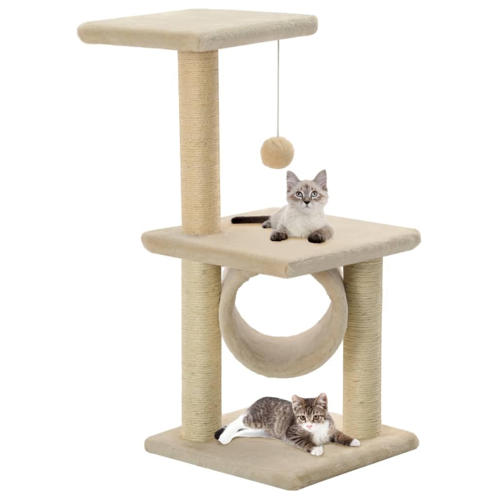 Kratzbaum für Kätzchen 65cm Kleiner Katzenbaum Sisal Beige | Platzsparender Katzenbaum fürs Wohnzimmer mit Aussichtsplattform, Sisalstamm und hängendem Spielball zur Beschäftigung.