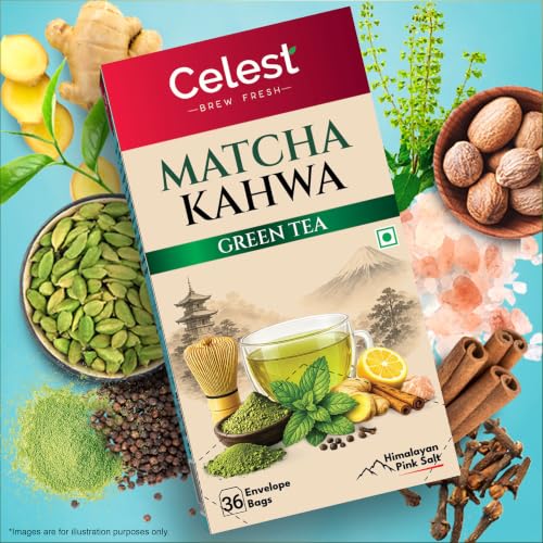 Image of Celest Matcha Kahwa Green Tea - 36 Tea Bags | Kahwa Green Tea | Helps in Detox | Contains Desi Herbs & Spices