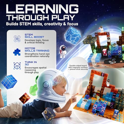 181-Piece Magnetic Building Blocks Set – STEM Toys for Kids Ages 3+ | Educational Space-Themed Magnetic Construction Kit with LED Light-Up Cubes | Sensory Gift Toy for Boys & Girls