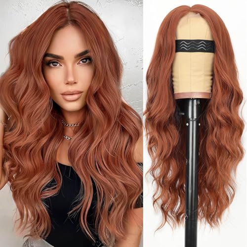 AISI HAIR Auburn Wigs for Women, Long Wavy Lace Hairline Middle Part Synthetic Heat Resistant Wig for Daily Party-26 Inch