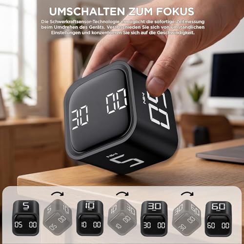 Image of Cube Pomodoro Timer with 5 /10 /30 /60 Minute Presets & Custom Countdown, Flip Rotating Desk Productivity Timer with Adjustable Volume for Study, Work, Kitchen, School & Task Focus