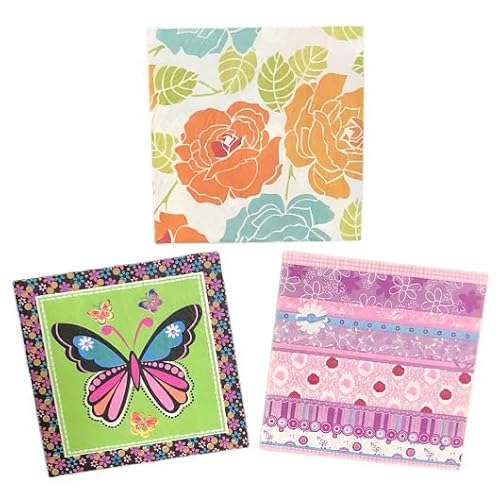 ペーパーナプキン 3種類 各5枚入 15枚入 紙ナプキン デコパージュ素材 アソート ハンドメイド 花柄 フラワー ローズ 薔薇 オレンジ ブルー 蝶 カラフル リーフ ドット