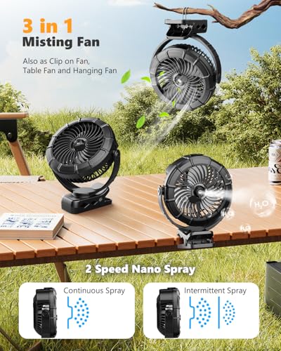 Ausic 3-in-1 Portable Clip on Desk Fan with Misting & LED Lights & Hook, 100ML Baby Stroller Fan, 5200mAh Rechargeable Battery Operated & 360° Rotation & 3 Speeds for Outdoor Travel Camp Golf Cart - Image 3