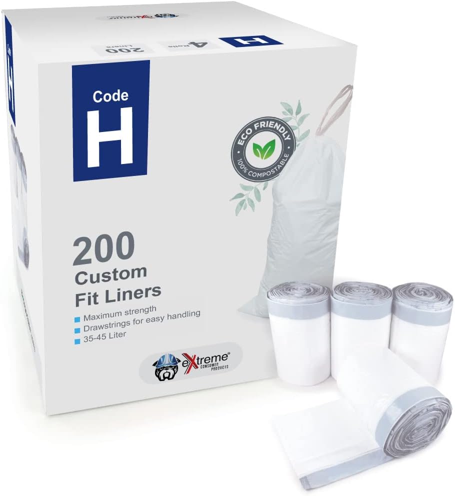 Compatible With Simplehuman Code H - 4 Refill Rolls (200 Count), Durable Custom Fit Plastic Trash Bags w/Drawstring - 30-35 Liter/ 8-9 Gallon Trash Cans - Heavy Duty Garbage Bags