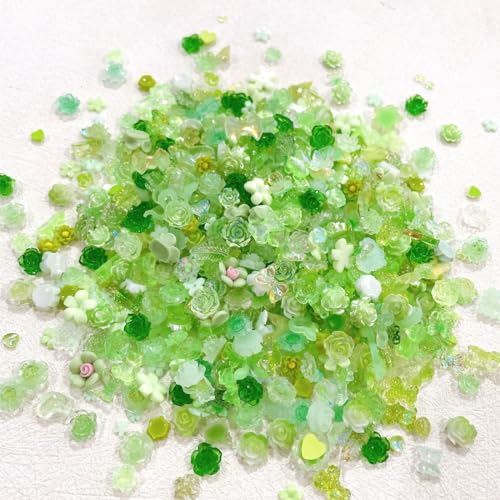 LEEQ Acryl 3D Nagel Charms - 3D Legierung Nailart Anhänger Grün Nail Art Schmuck Strasssteine für Schmetterling Herz Schlange Blume Glitzersteine Zubehör, Etwa 50pcs