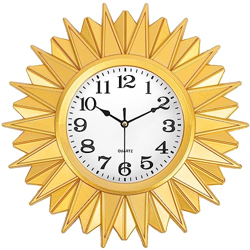 Gold Sunburst Wall Clock for Living Room Decor, 10 Inch Small Analog Wall Clocks Battery Operated, Boho Wall Clock for Kitchen, Office, Bathroom, Bedroom