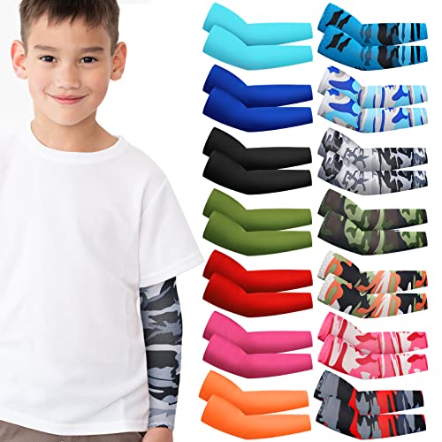 Mepase 14 pares de mangas de brazo para niños, protección solar UV, cubierta de compresión para niños, niñas, deportes de fútbol, Color novedoso, 11-14 edad