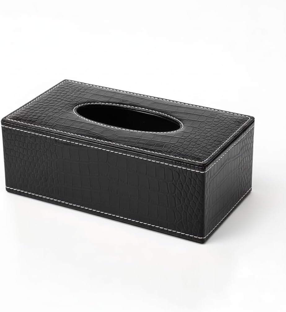 PU Leather Rectangular Tissue Box Holder/Napkin & Paper Towel Dispenser with Magnetic Bottom Lid for Office, Home, Hotel, School & Salon - Croco Black