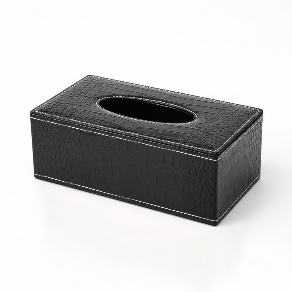oddpod™ PU Leather Rectangular Tissue Box Holder/Napkin & Paper Towel Dispenser with Magnetic Bottom Lid for Office, Home, Hotel, School & Salon - Croco Black