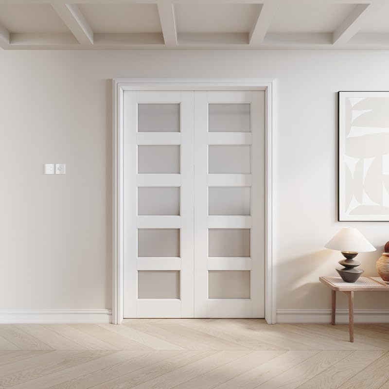 All-Inclusive Sliding Pocket Door 48" x 80" (Double 24x 80) 5-Lite Tempered Frosted Glass Sliding Doors with Soft Close & Frame & Hardware Kit, Interior Doors White Primed