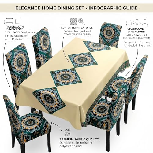 Image of Styleys Dining Table Cover 6 Seater Waterproof with Chair Covers | Table Cover Cloth | Dining Table Cover Cloth Combo - 1 Table Cover + 6 Chair Cover, Beige & Green Mandala, XKFSZB-24