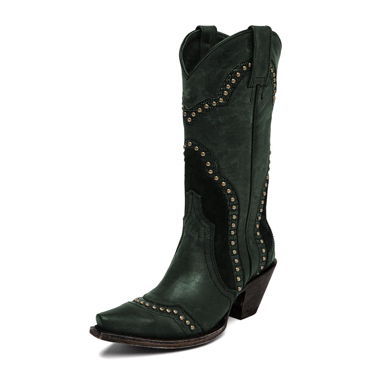 miss left Women Studded Rivets Small Square Toe Mid Calf Boots Block Low Heel Pull on Cowgirl Western