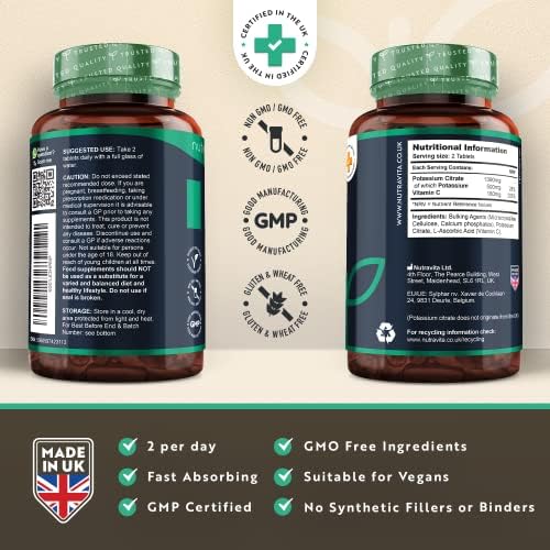Potassium Supplement 1390mg - 180 Vegan Potassium Tablets (3 Month Supply) - High Strength Potassium Citrate Supplements - Natural Electrolytes Support - Made in The UK by Nutravita