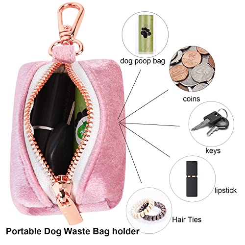Image of ARING PET Velvet Dog Waste Bag Dispenser, Pink Doggy Poop Bags Holders Attach to Any Leashes, Portable Washable Pet Waste Pouch Dispenser with Metal Zipper