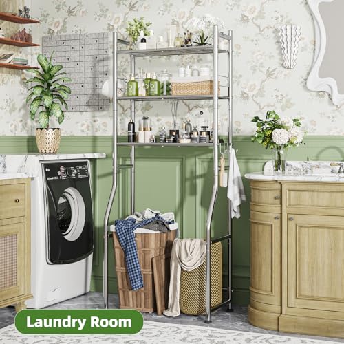 Image of Simple Trending 3 Tier Over The Toilet Rack, Bathroom Shelves with 4 Hooks and Paper Holder, Bathroom Stand Organizer Space Saver, Chrome