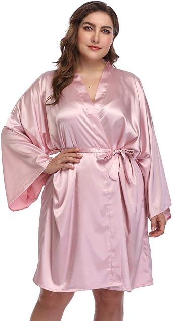 Womens Plus Size Short Satin Kimono Robes Sleepwear Bathrobes Silky Dressing Gown