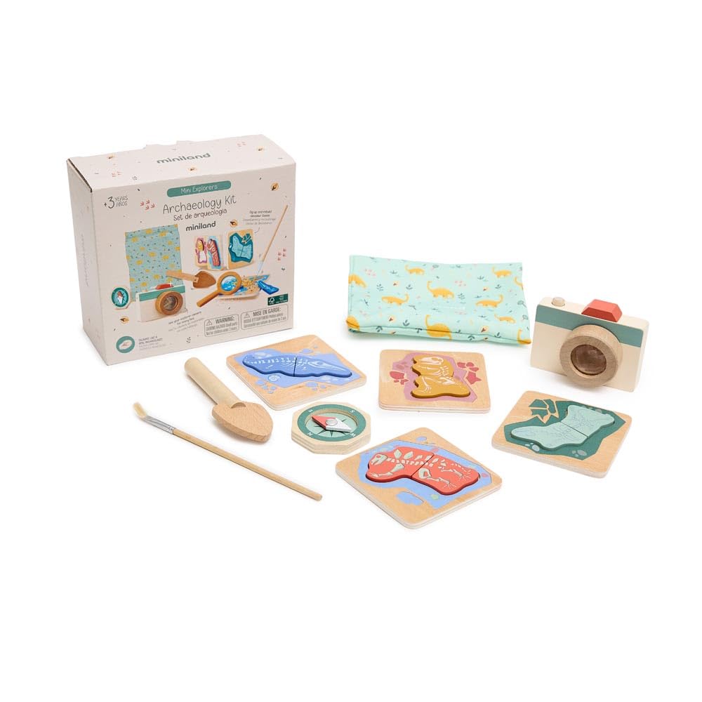 Miniland Children's Archaeology Set - Dinosaur Excavation Kit with Camera, Compass, Magnifying Glass, Spade, Brush and Fossils, Educational Exploration Toy, Ages 3+ — image 1