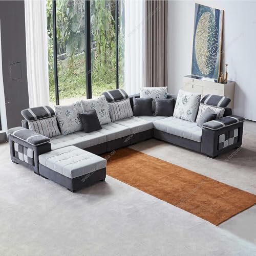 Image of Torque Bristol 12 Seater Sofa Set for Living Room (Grey) | Interchangeable U Shape Sectional Sofa | Solid Wood Frame & High-Density Supersoft Foam | Includes Puffy & Stool | Modern Home Furniture